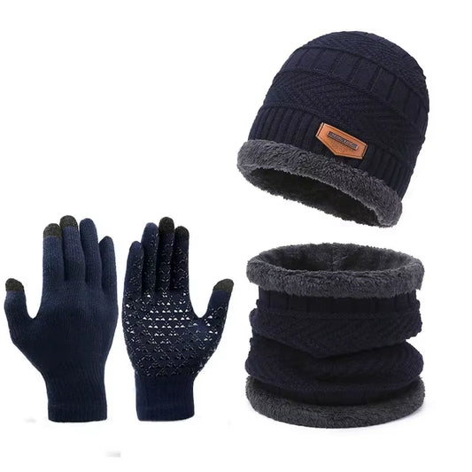 Men'S Windproof Hat Outdoor Travel Leisure Winter Scarf Gloves Three-Piece Neck One plus Cashmere Warm Winter Knitted Hat